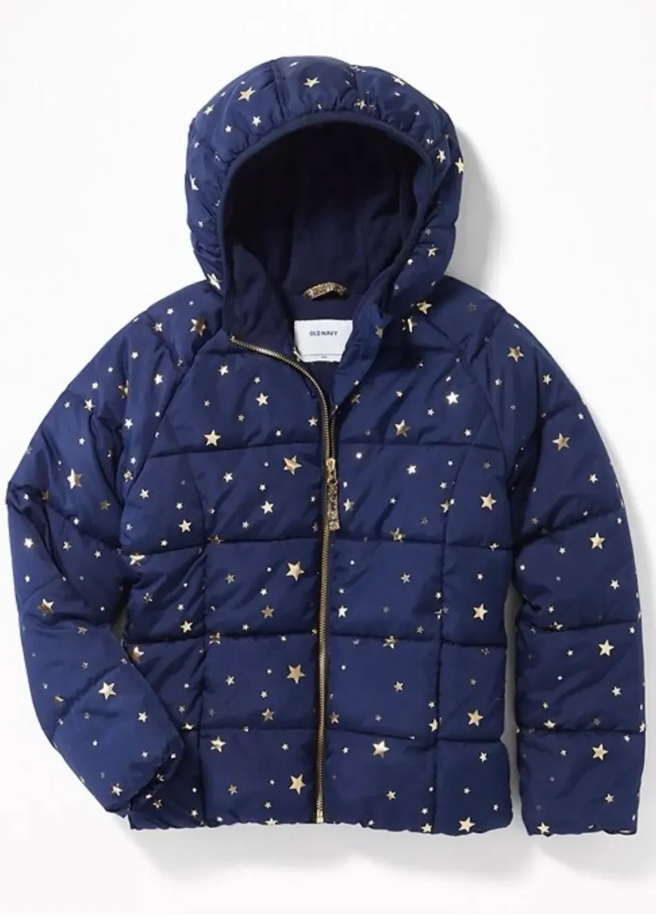 Old Navy Blue Gold Star Frost Free Hooded Girls’ Puffer Jacket Size S 6-7